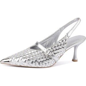 Women's Silver Woven Pumps Stiletto High Heels Closed Pointed Toe Buckle Strap